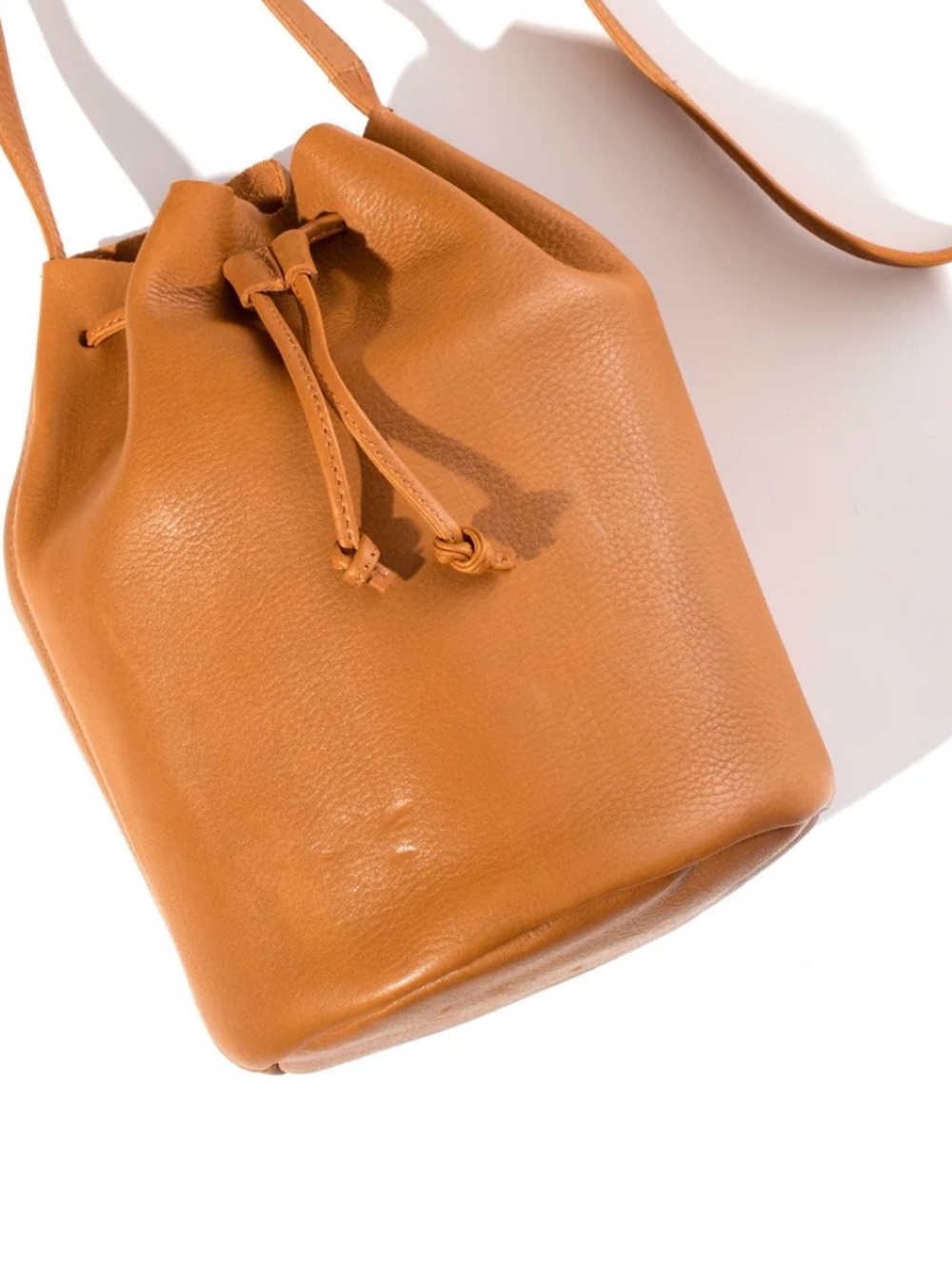 BAGGU Leather Drawstring Crossbody Bag in Cognac Brown